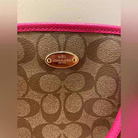 Coach Khaki Brown Hot Pink Signature Tote Bag Satchel Purse with Crossbody Strap - Picture 4 of 8